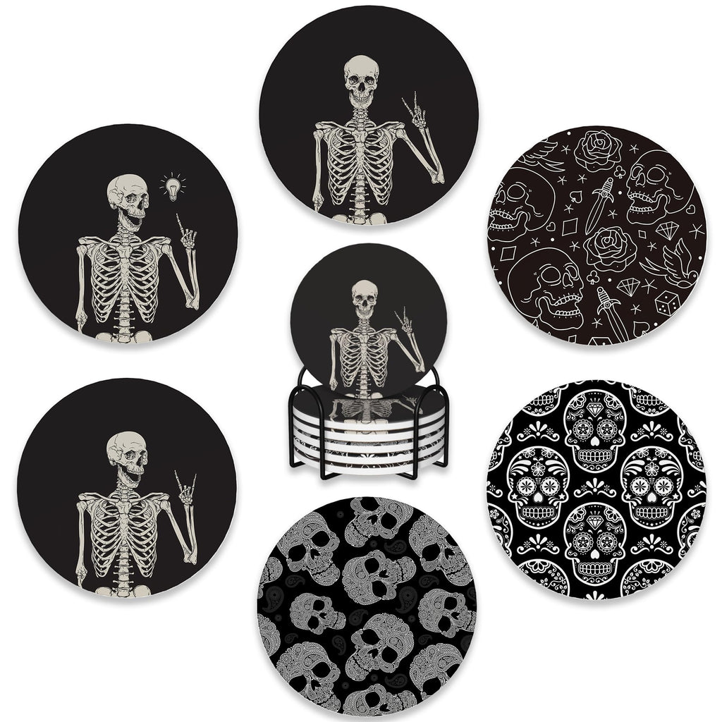 Drink Coasters Set of 6 with HolderHuman Skeleton Posing Skull Head Absorbent Ceramic Coasters with Cork BaseFit All CupsTabletop Protection Mat for Mugs and CupsOfficeKitchen